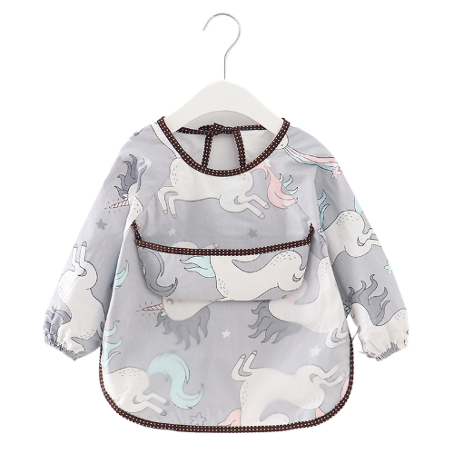 Teeny Baby Long Sleeve Apron Smock Bib - Grey Unicorn