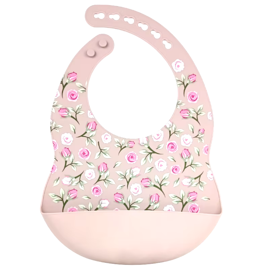 Silicone Waterproof Baby Bib Dusty Pink Roses
