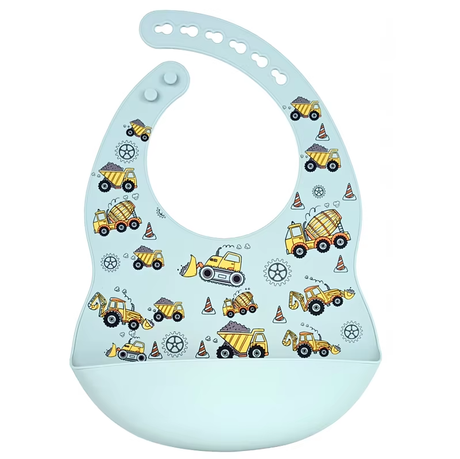 Silicone Waterproof Baby Bib - Light Blue Diggers